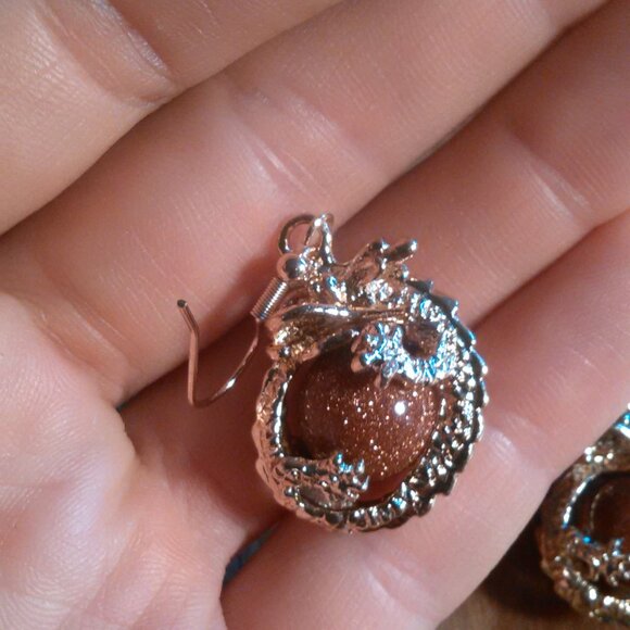 Gold Sandstone and Brown Austrian Crystal Dragon Dangle Earrings - Picture 9 of 9